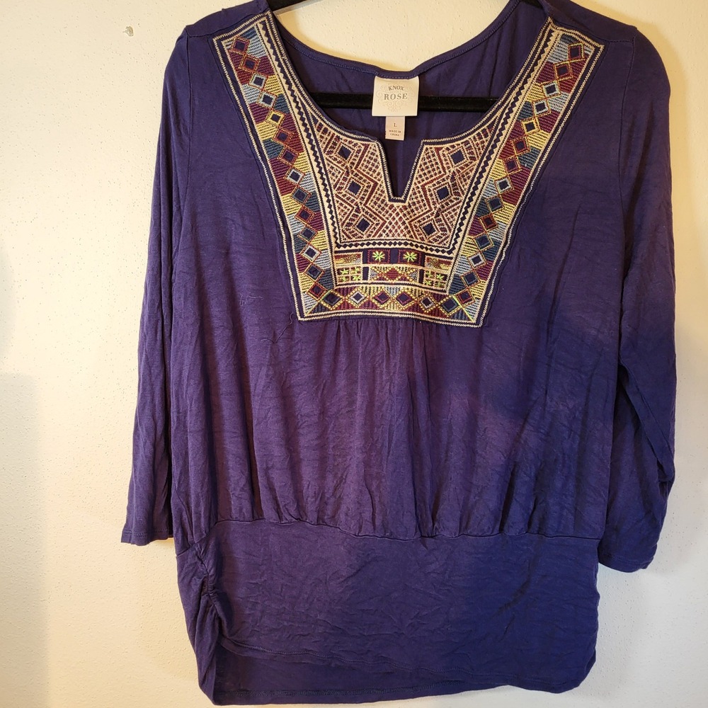 Knox Rose Purple Embroidered‎ V-Neck 3/4 Sleeve Tunic Top Women's Size L Boho